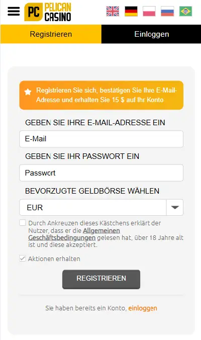 Pelican Casino Login-Formular zur Anmeldung im Konto
